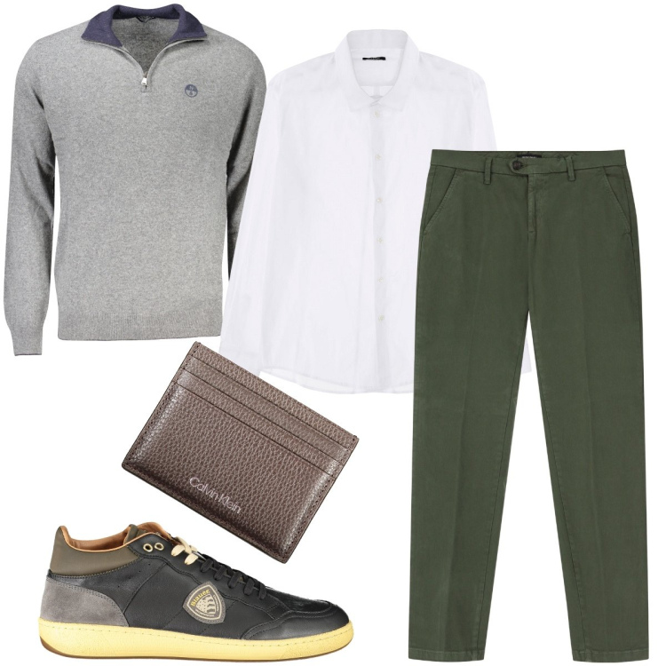 Outfit uomo - Il pantalone verde bottiglia. Stile Urban per Ufficio. Abbinamento con camicie, pantaloni chino, portafogli, sneakers, maglieria.