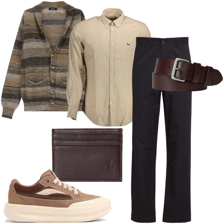 Outfit uomo - Accessori moka. Stile Urban per Ufficio. Abbinamento con pantaloni chino, cardigans, cinture, portafogli, camicie, sneakers.