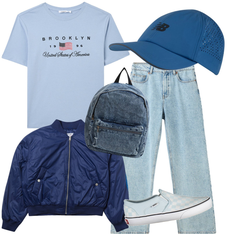 Outfit donna - Cielo azzurro d inverno. Stile Casual chic per Tutti i giorni. Abbinamento con bomber, jeans, zaini, t-shirt, cappelli, sneakers.