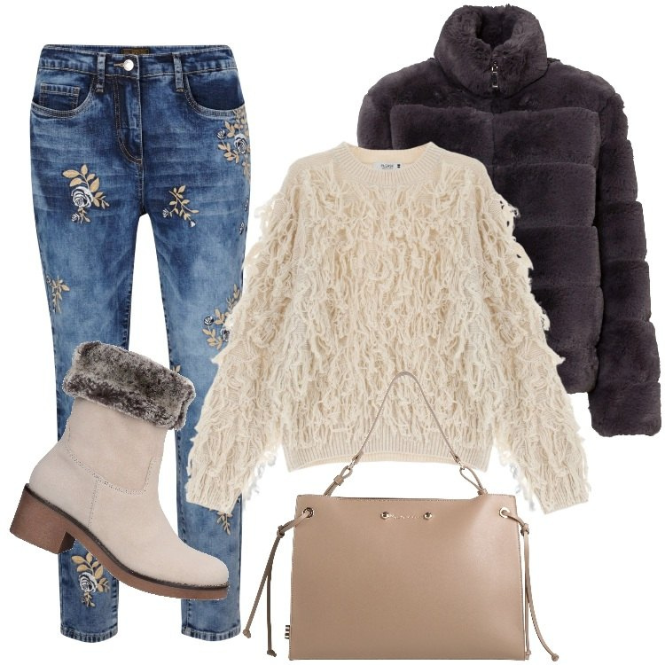 Outfit donna - Total look #2009481. Stile Etnico per Tutti i giorni. Abbinamento con jeans, ecopellicce, borse a mano, stivaletti, maglieria.