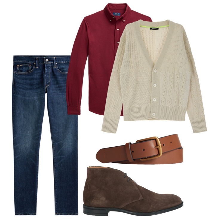 Outfit uomo - Rosso 8 dicembre. Stile Casual per Tutti i giorni. Abbinamento con stivali e stivaletti, cardigans, cinture, camicie, jeans.
