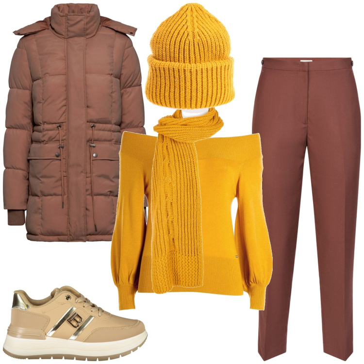 Outfit donna - Total look #2009535. Stile Casual per Tutti i giorni. Abbinamento con piumini, maglieria, berretti, sciarpe, pantaloni, sneakers.