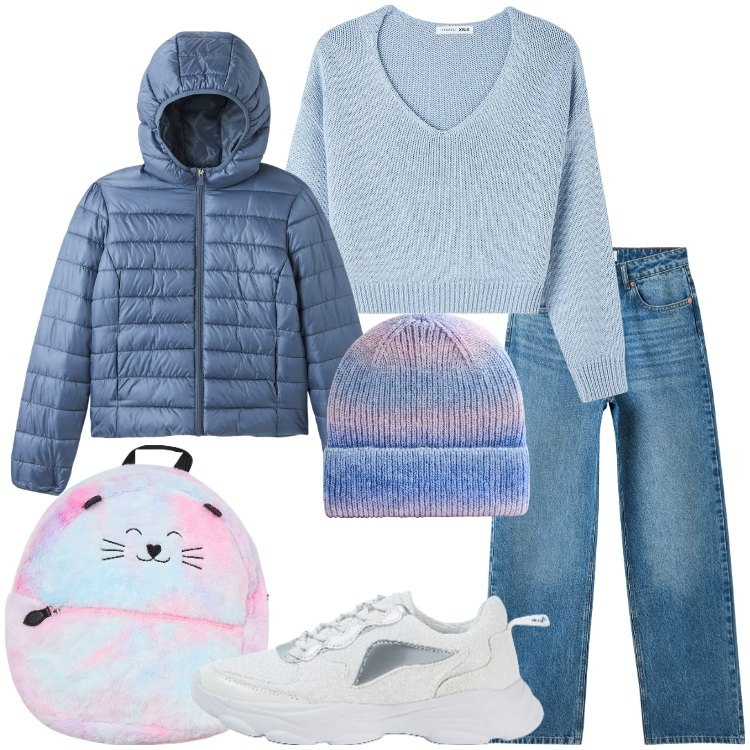 Outfit donna - Terranova - Black Friday. Stile Casual per Scuola/Università. Abbinamento con blazer, maglieria, jeans, sneakers, zaini, berretti.