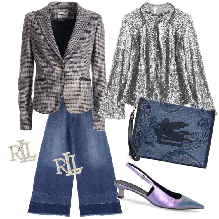 Outfit donna - Cena con jeans a palazzo. Stile Glamour per Serata fuori. Abbinamento con blazer, jeans, camicie, orecchini, décolleté, clutch.