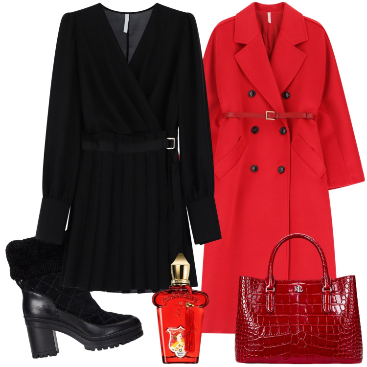 Outfit donna - Le rouge et le noir. Stile Urban per Ufficio. Abbinamento con profumi, cappotti, vestiti corti, stivaletti, borse a mano.