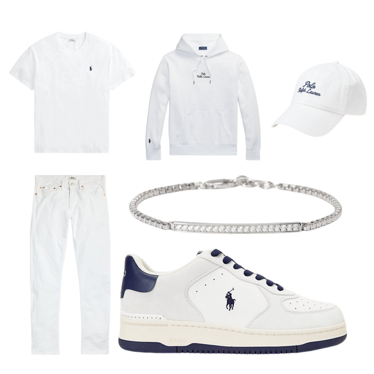 Outfit uomo - Total look #2009598. Stile Casual per Tutti i giorni. Abbinamento con braccialetti, jeans, sneakers, cappelli, felpe con cappuccio, t-shirt.