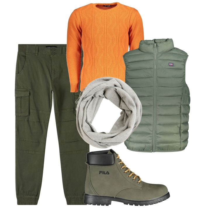 Outfit uomo - Novembre. Stile Casual per Tutti i giorni. Abbinamento con sciarpe, pantaloni cargo, giacche, maglieria, stivali.