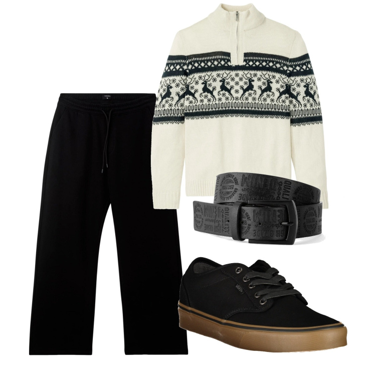 Outfit uomo - Christmas b&n. Stile Urban per Tutti i giorni. Abbinamento con maglieria, cinture, pantaloni, sneakers.