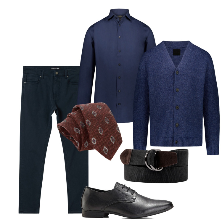 Outfit uomo - Ruggine e blu. Stile Trendy per Serata speciale. Abbinamento con scarpe stringate, pantaloni skinny, cravatte, cardigans, camicie, cinture.