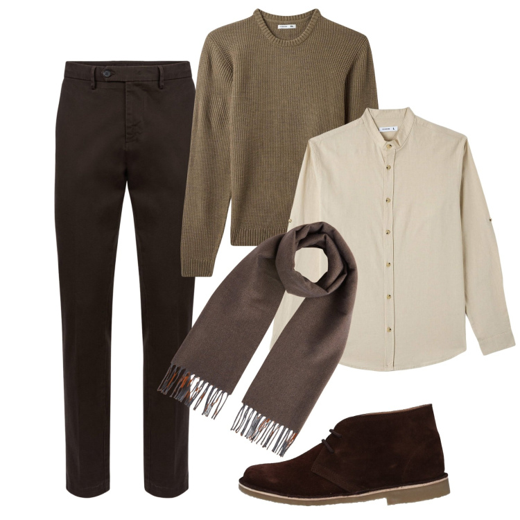 Outfit uomo - Nocciola e mandorle. Stile Casual per Tutti i giorni. Abbinamento con stivali e stivaletti, camicie, maglieria, pantaloni chino, sciarpe.