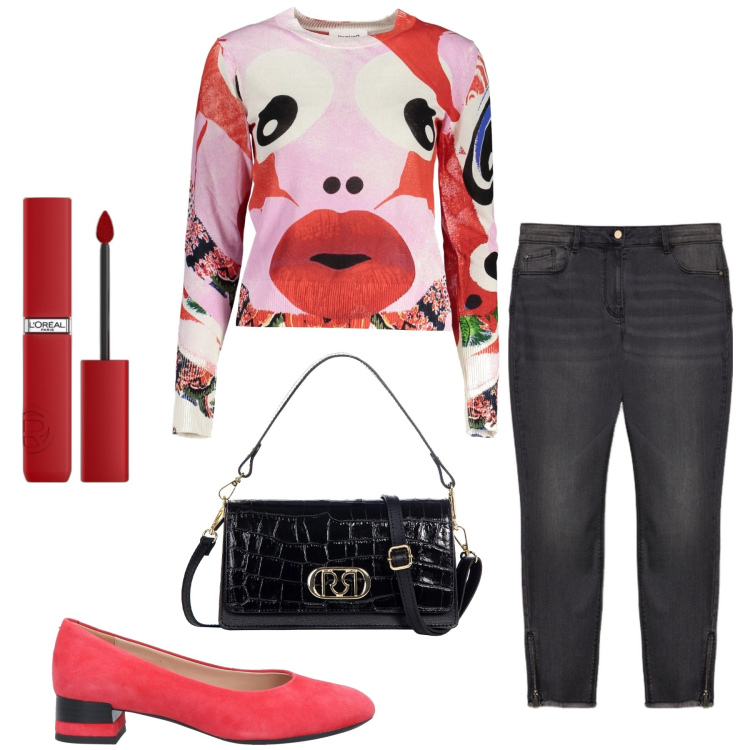 Outfit donna - Ironica. Stile Casual per Ufficio. Abbinamento con décolleté, rossetti, borse a tracolla, maglieria, jeans skinny.
