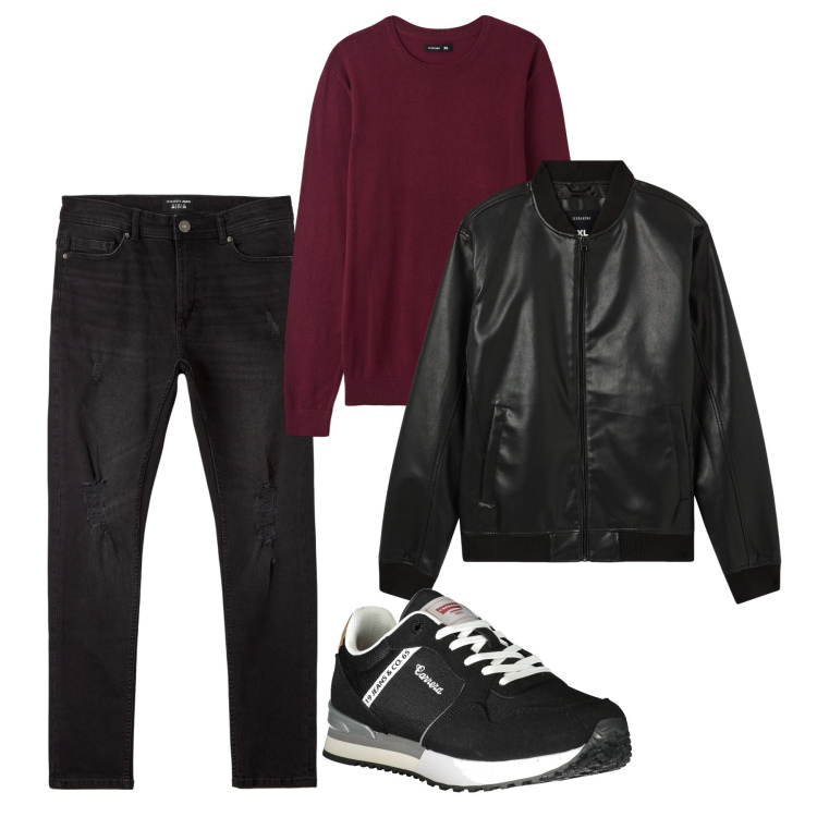 Outfit uomo - Black evening. Stile Urban per Serata speciale. Abbinamento con bomber, jeans strappati, maglieria, sneakers.