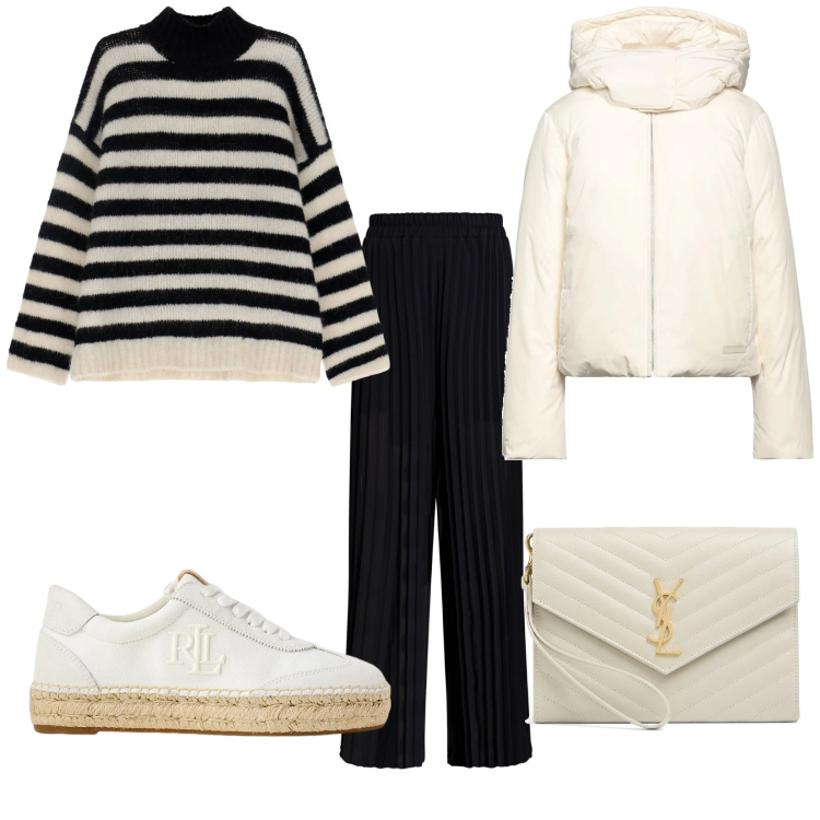 Outfit donna - Total look #2009668. Stile Basic per Tutti i giorni. Abbinamento con piumini, pantaloni a palazzo, maglieria, sneakers, pochette.