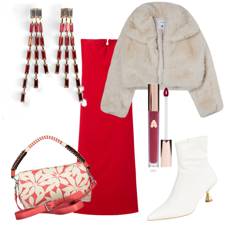 Outfit donna - Rosso festivo. Stile Glamour per Serata fuori. Abbinamento con orecchini, rossetti, stivaletti, vestiti lunghi, blazer, borse a spalla.