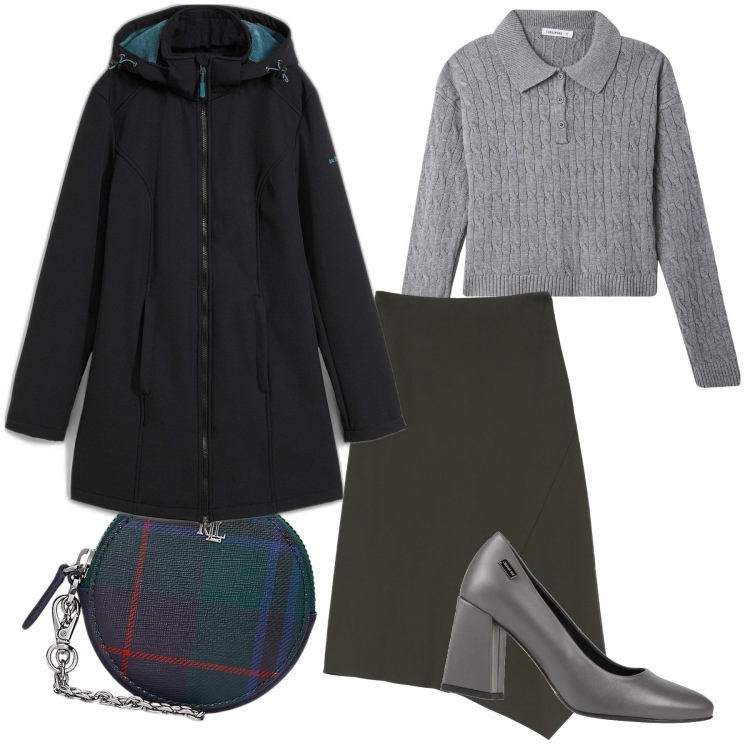 Outfit donna - Città. Stile Urban per Ufficio. Abbinamento con blazer, décolleté, polo, gonne, pochette.