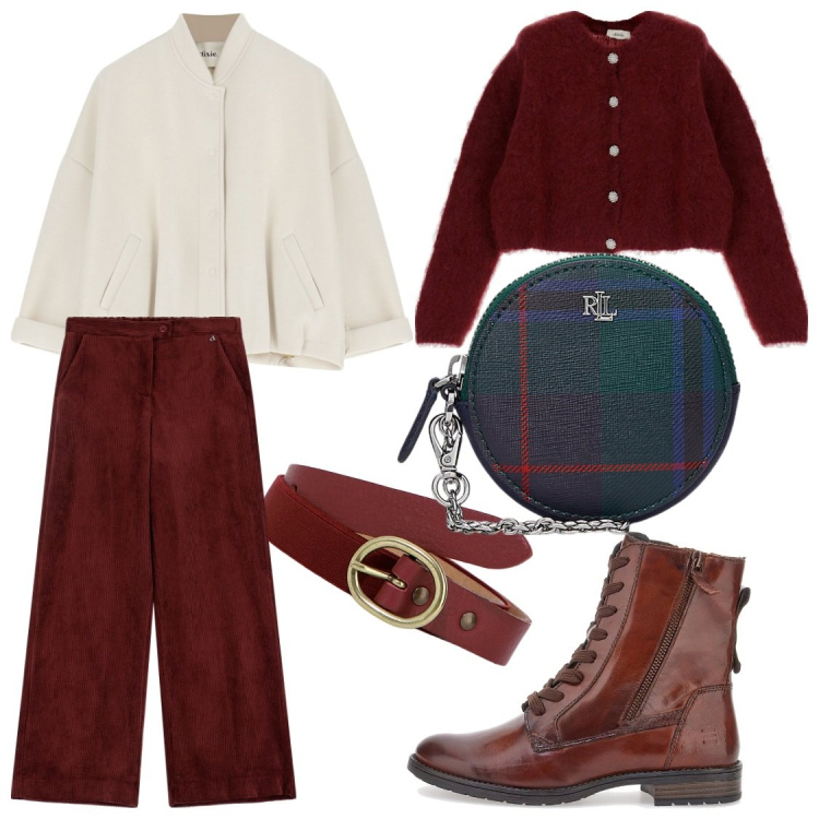 Outfit donna - Comodità e stile. Stile Casual chic per Tutti i giorni. Abbinamento con pantaloni, cardigans, bomber, cinture, pochette, anfibi.