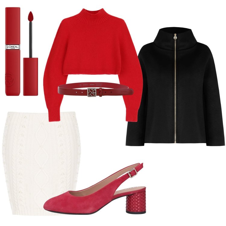 Outfit donna - Rosso Natale. Stile Casual chic per Ufficio. Abbinamento con décolleté, rossetti, gonne, cappe, maglieria, cinture.