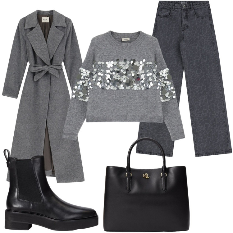 Outfit donna - Grigio, paiette e maculato. Stile Casual chic per Tutti i giorni. Abbinamento con pullovers, cappotti, jeans, borse a mano, stivaletti chelsea.