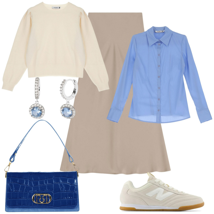 Outfit donna - Sporty chic in ufficio. Stile Minimal per Ufficio. Abbinamento con camicie, pullovers, orecchini, sneakers, borse a tracolla, gonne lunghe.