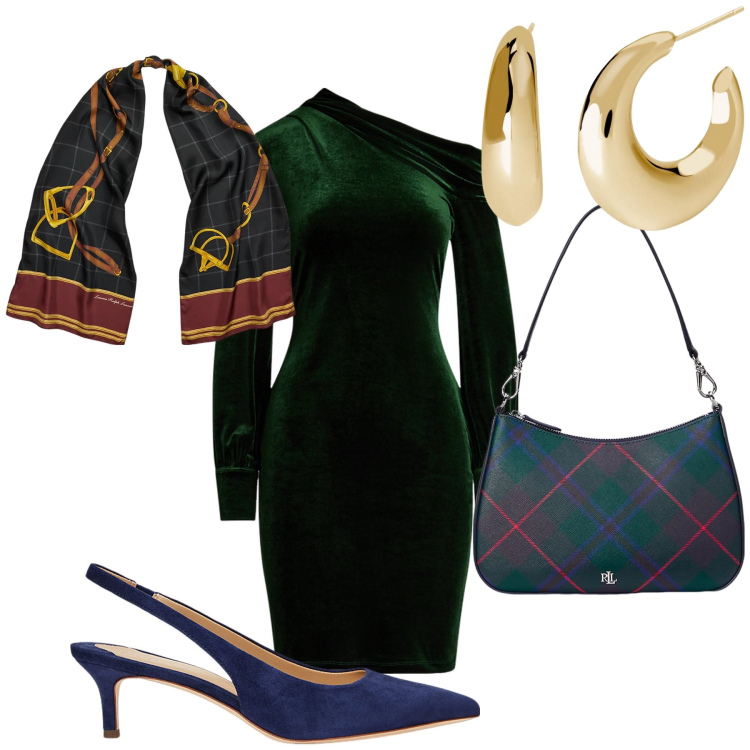 Outfit donna - Che bell abito. Stile Glamour per Serata fuori. Abbinamento con orecchini, décolleté, vestiti asimmetrici, borse a spalla, sciarpe.