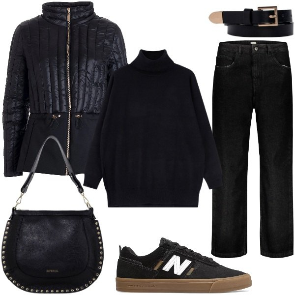 Outfit donna - Total black elegante e sportivo. Stile Casual chic per Tutti i giorni. Abbinamento con maglieria, borse a spalla, sneakers, piumini, jeans, cinture.