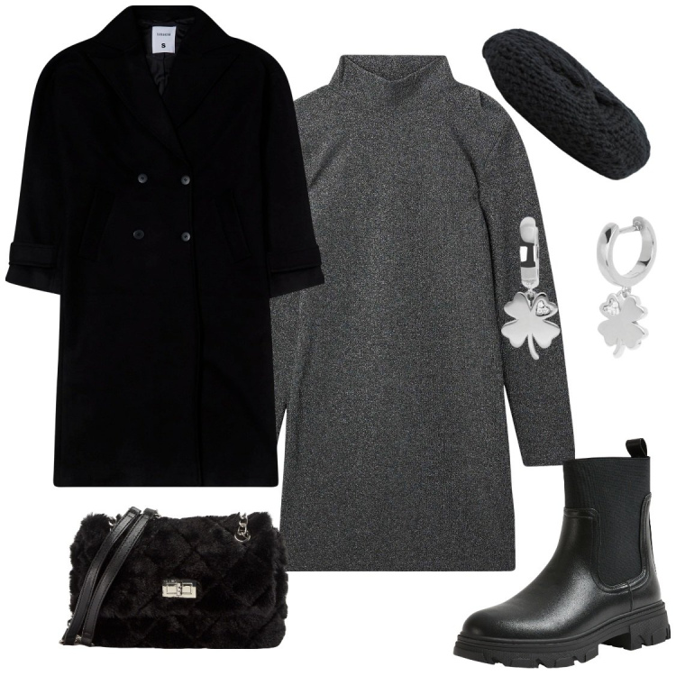 Outfit donna - Comoda con classe. Stile Casual chic per Ufficio. Abbinamento con orecchini, vestiti corti, stivaletti chelsea, cappotti, borse a spalla, cappelli e berretti.