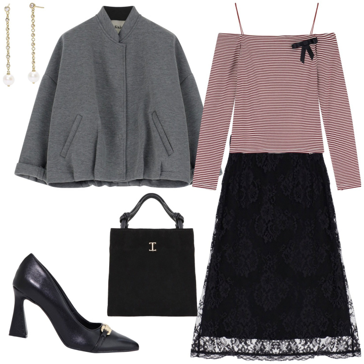 Outfit donna - Allure francese. Stile Bon Ton per Serata fuori. Abbinamento con orecchini, stivaletti, shopping bag, gonne longuette, maglieria, bomber.