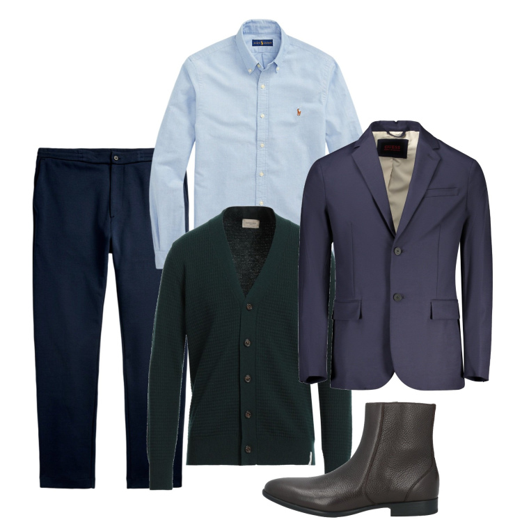 Outfit uomo - Classe. Stile Casual per Serata speciale. Abbinamento con stivali e stivaletti, cardigans, camicie, pantaloni, giacche.