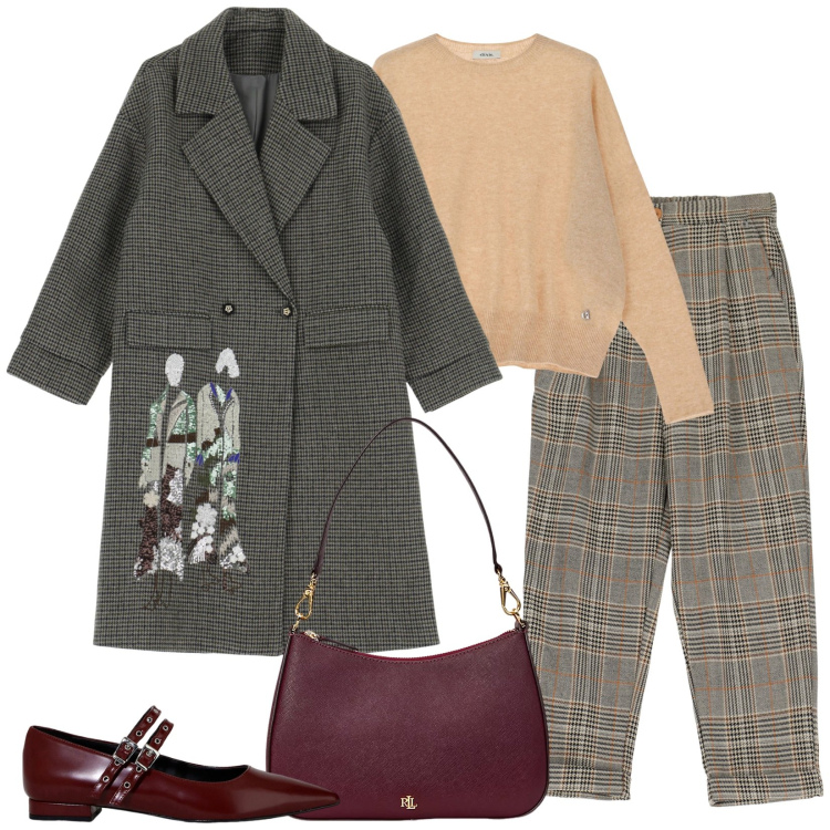 Outfit donna - Un salto in biblioteca. Stile Casual per Tutti i giorni. Abbinamento con trench, pantaloni, pullovers, ballerine, borse a tracolla.