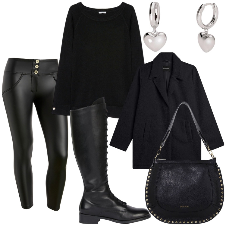 Outfit donna - Total black. Stile Rock per Tutti i giorni. Abbinamento con orecchini, borse a spalla, pantaloni skinny, cappotti, maglieria, stivali.