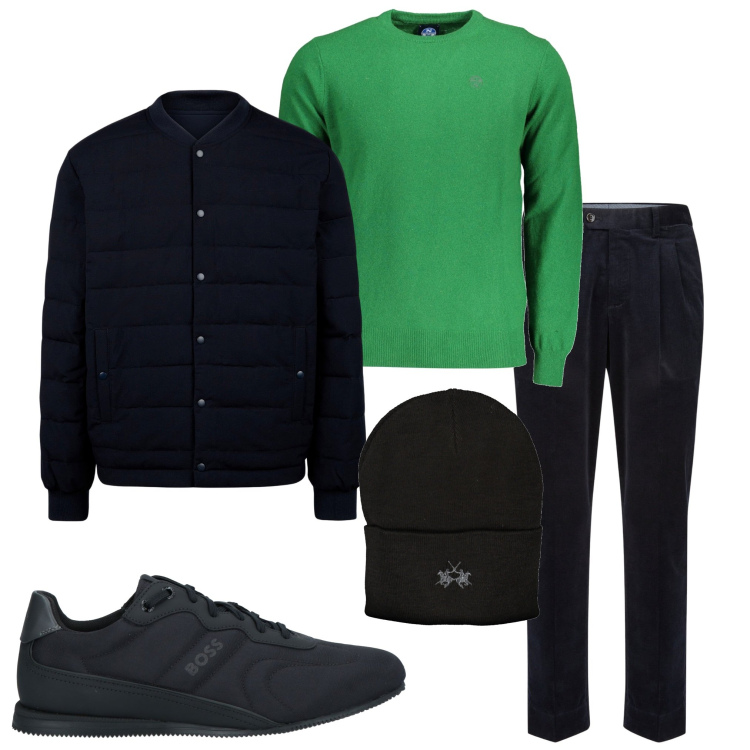Outfit uomo - Verde bottiglia. Stile Urban per Tutti i giorni. Abbinamento con sneakers, pantaloni, maglieria, berretti, piumini.
