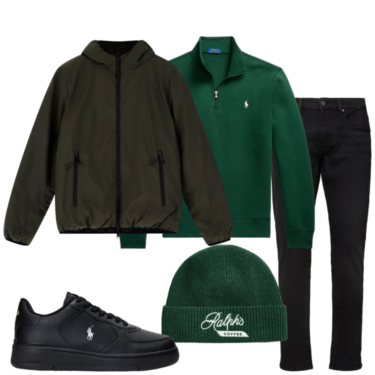 Outfit uomo - Dettaglio verde. Stile Urban per Tutti i giorni. Abbinamento con piumini, sneakers, pullovers, berretti, jeans slim fit.