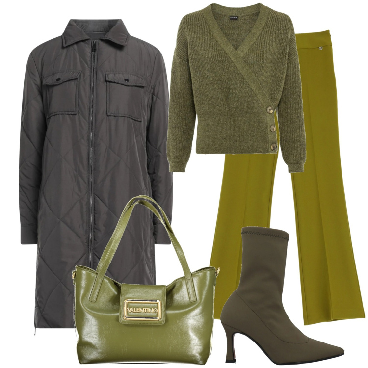 Outfit donna - Il verde nelle sue sfumature. Stile Chic per Tutti i giorni. Abbinamento con maglieria, stivaletti, piumini, pantaloni, borse a spalla.