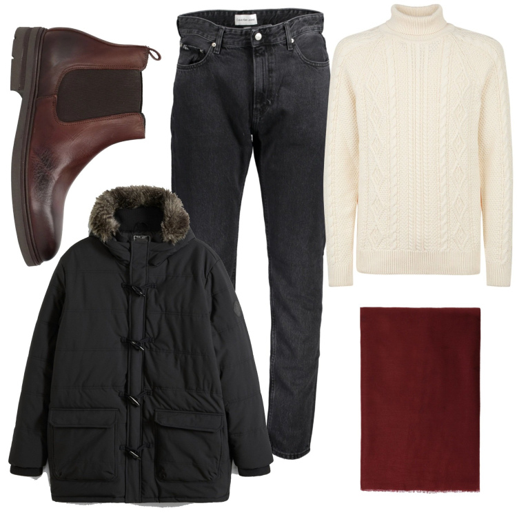 Outfit uomo - Weekend casual. Stile Casual per Tutti i giorni. Abbinamento con sciarpe, maglieria, stivali e stivaletti, piumini, jeans.