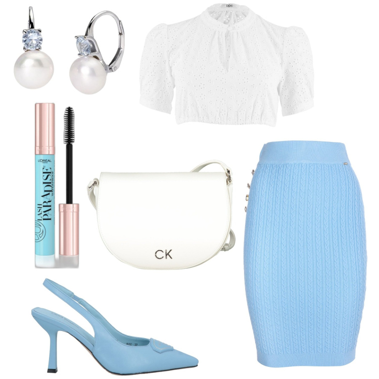 Outfit donna - Paradise. Stile Bon Ton per Cerimonia. Abbinamento con camicie, décolleté, mascara, orecchini, gonne, borse a tracolla.