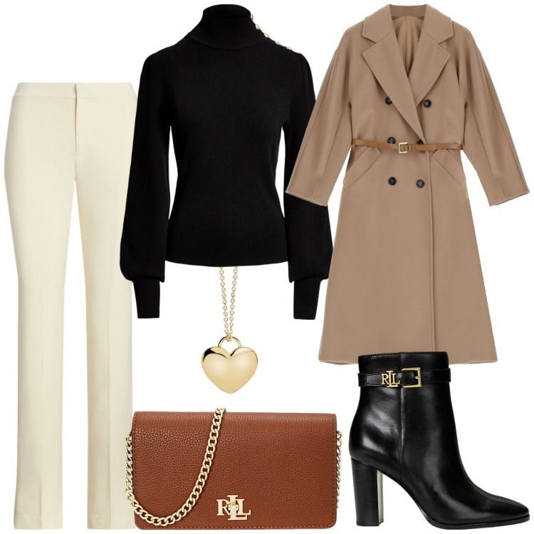 Outfit donna - Il mio cappotto preferito. Stile Chic per Ufficio. Abbinamento con collane, cappotti, maglieria, stivaletti, pantaloni, borse a mano.