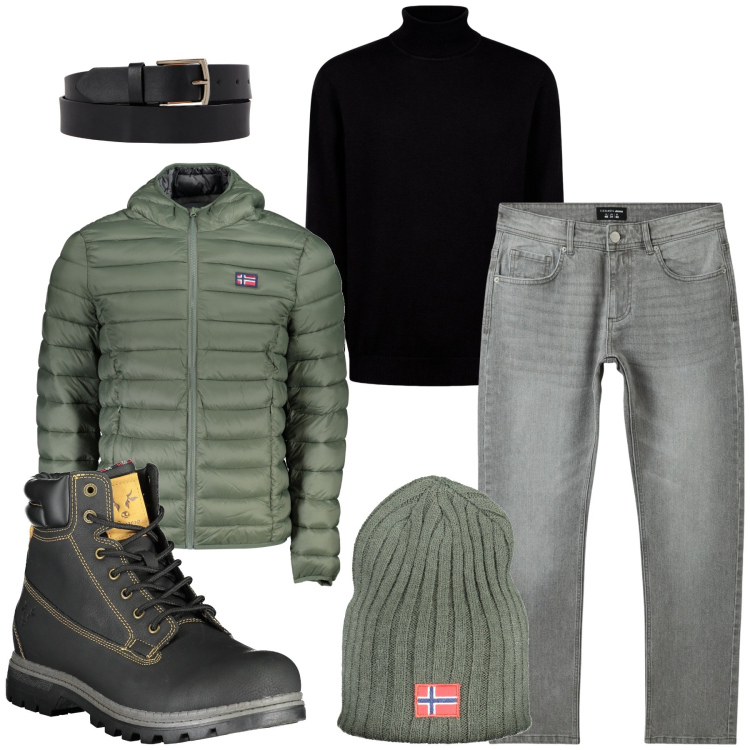Outfit uomo - Casual. Stile Casual per Tutti i giorni. Abbinamento con jeans, cinture, giacche, berretti, stivali, maglieria.