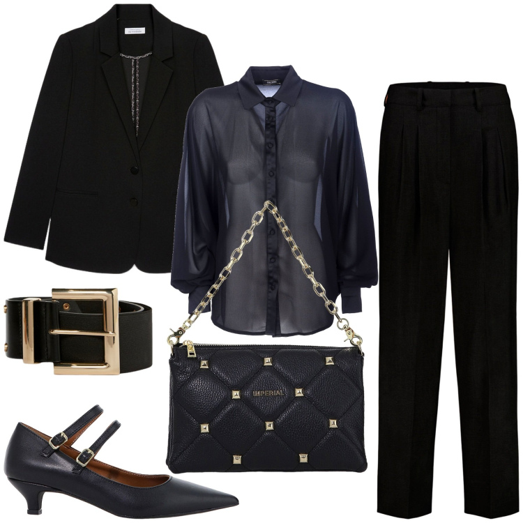 Outfit donna - Vedo non vedo. Stile Sexy per Serata fuori. Abbinamento con blazer, cinture, borse a spalla, décolleté, camicie, pantaloni.