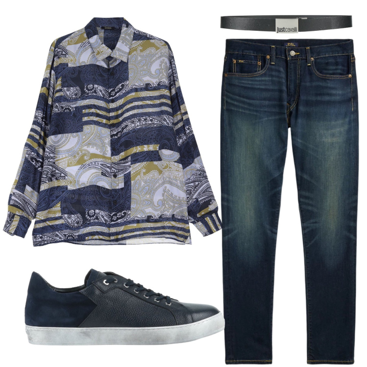 Outfit uomo - La camicia con stampe. Stile Casual per Tutti i giorni. Abbinamento con sneakers, cinture, camicie, jeans.