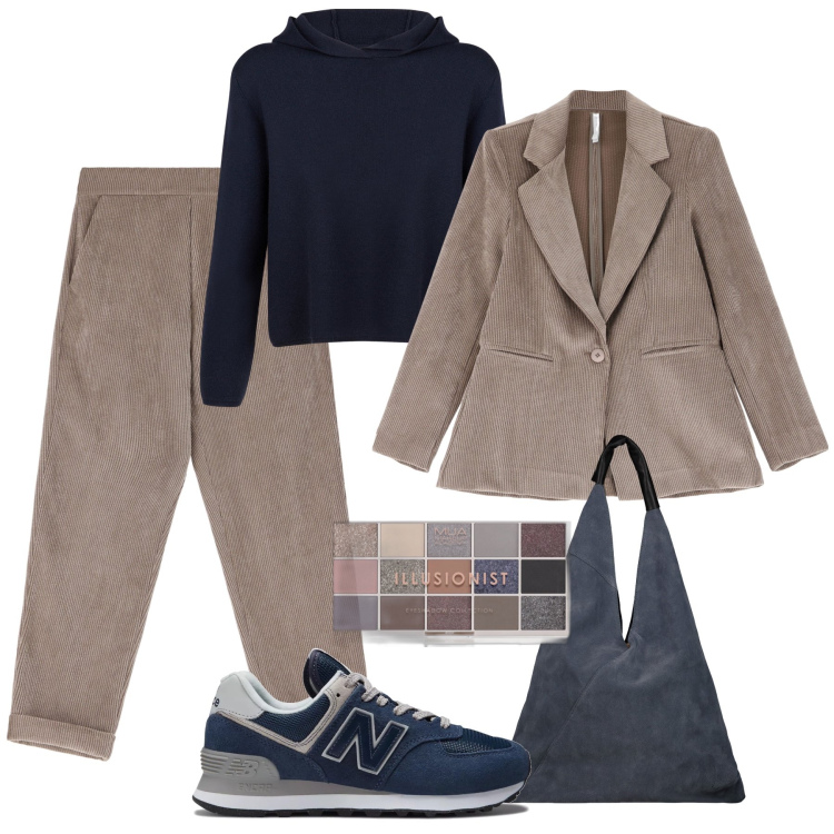 Outfit donna - Rilassata a cena. Stile Casual per Serata fuori. Abbinamento con ombretti, sneakers, pantaloni, blazer, maglieria, borse a spalla.