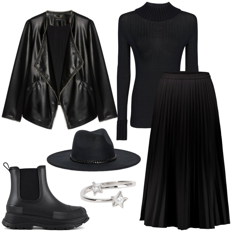 Outfit donna - Dark. Stile Rock per Serata fuori. Abbinamento con anelli, gonne lunghe, stivali, maglieria, blazer, cappelli.