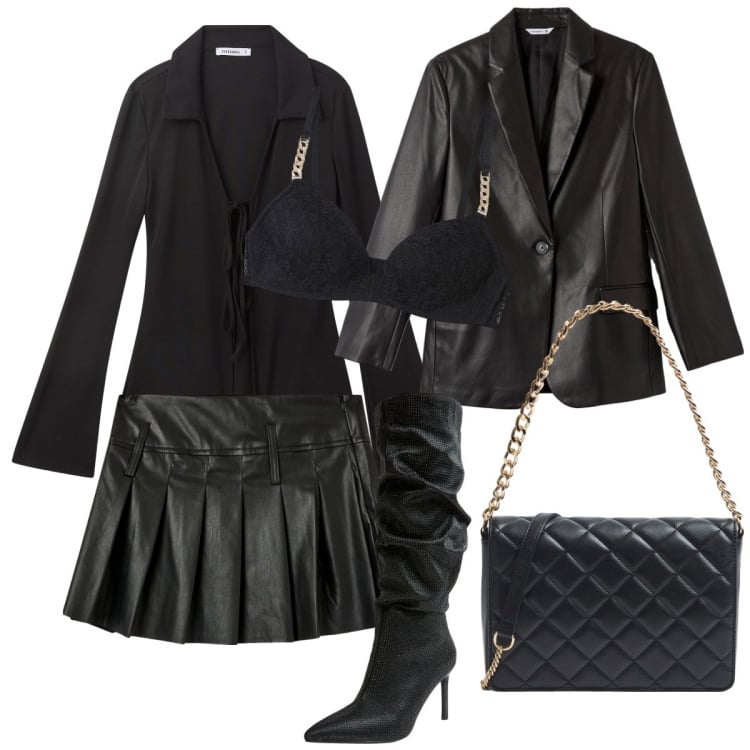 Outfit donna - Terranova Total black. Stile Sexy per Serata fuori. Abbinamento con minigonne, reggiseni, camicie, stivali, blazer, borse a tracolla.