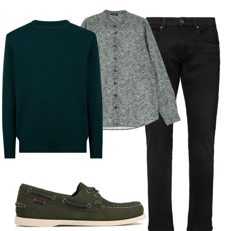 Outfit uomo - Il maglione girocollo. Stile Casual per Tutti i giorni. Abbinamento con camicie, maglieria, scarpe stringate, jeans slim fit.