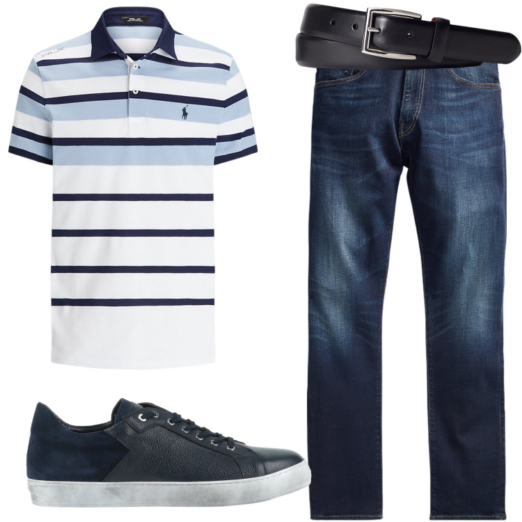 Outfit uomo - Le Sneakers blu scuro scamosciate. Stile Casual per Tutti i giorni. Abbinamento con sneakers, jeans, cinture, polo.