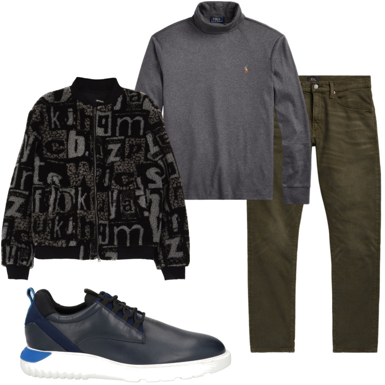 Outfit uomo - Il bomber con stampe. Stile Urban per Tutti i giorni. Abbinamento con sneakers, bomber, polo, jeans.