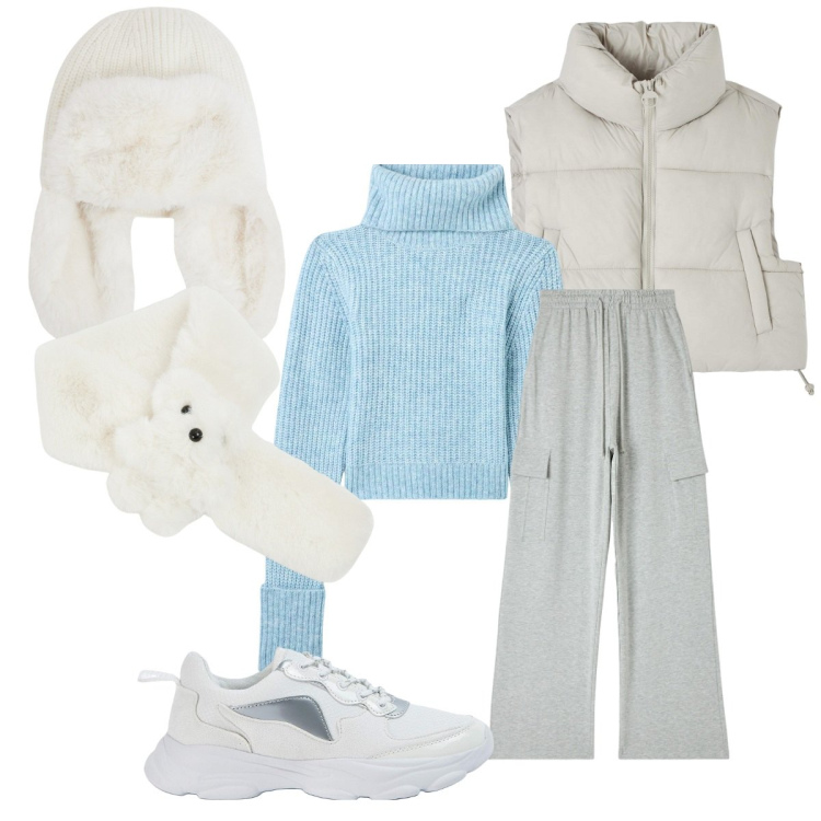 Outfit donna - Terranova b.f.-berretto e sciarpa. Stile Sporty chic per Tutti i giorni. Abbinamento con sciarpe, maglieria, berretti, piumini, pantaloni cargo, sneakers.