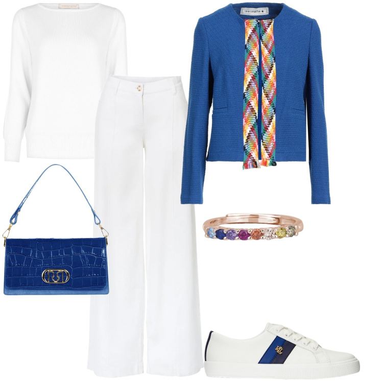 Outfit donna - Total look #2009838. Stile Casual chic per Tutti i giorni. Abbinamento con pantaloni a palazzo, blazer, anelli, maglieria, borse a tracolla, sneakers.
