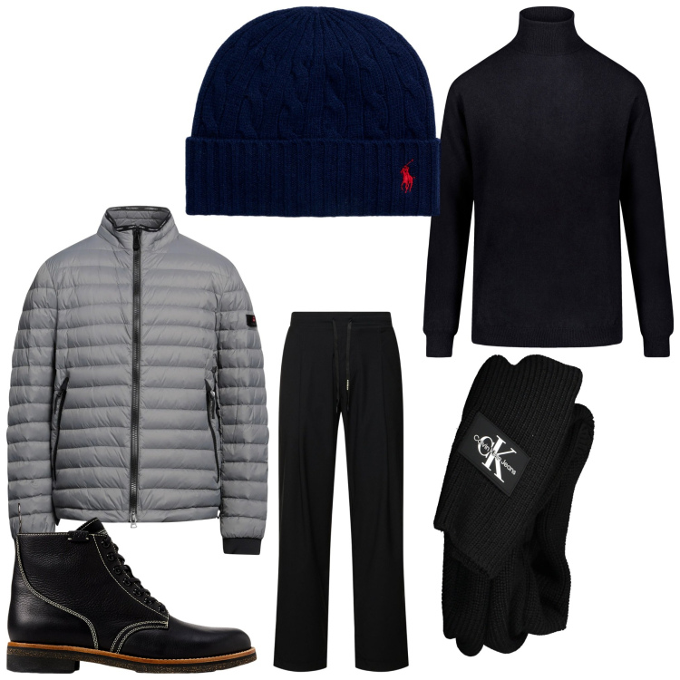 Outfit uomo - Antifreddo. Stile Casual per Tutti i giorni. Abbinamento con piumini, berretti, stivali, maglieria, sciarpe, pantaloni.