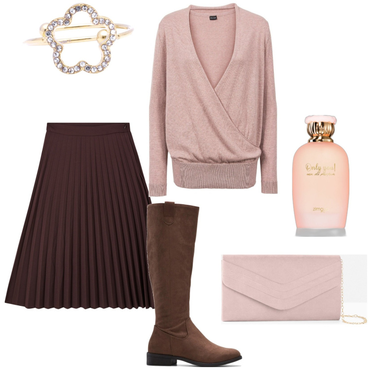 Outfit donna - Total look #2009873. Stile Chic per Ufficio. Abbinamento con stivali, maglieria, pochette, profumi, gonne lunghe, anelli.