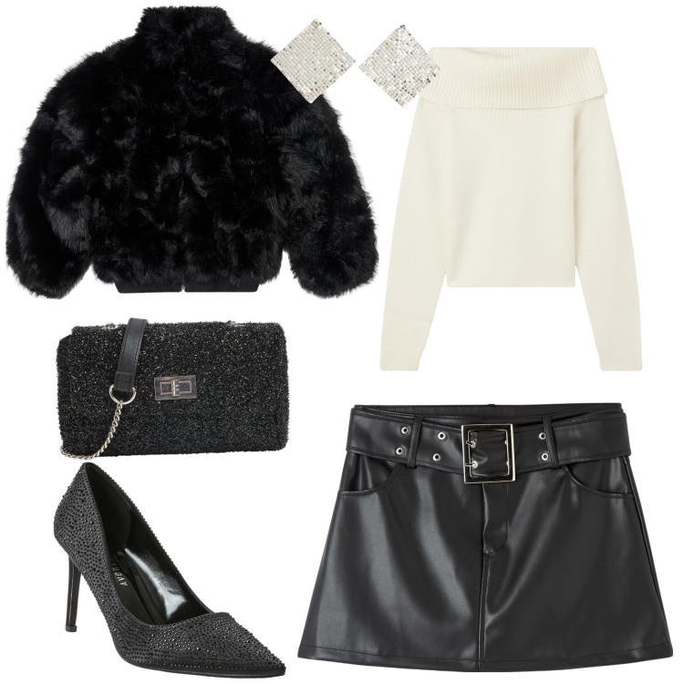 Outfit donna - Serata. Stile Glamour per Serata fuori. Abbinamento con décolleté, borse a tracolla, orecchini, minigonne, maglieria, ecopellicce.